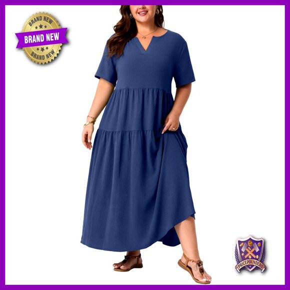 Dresses & Skirts - Plus Size Maxi Dress with Pockets V-Neck Short Sleeve Boho Summer
